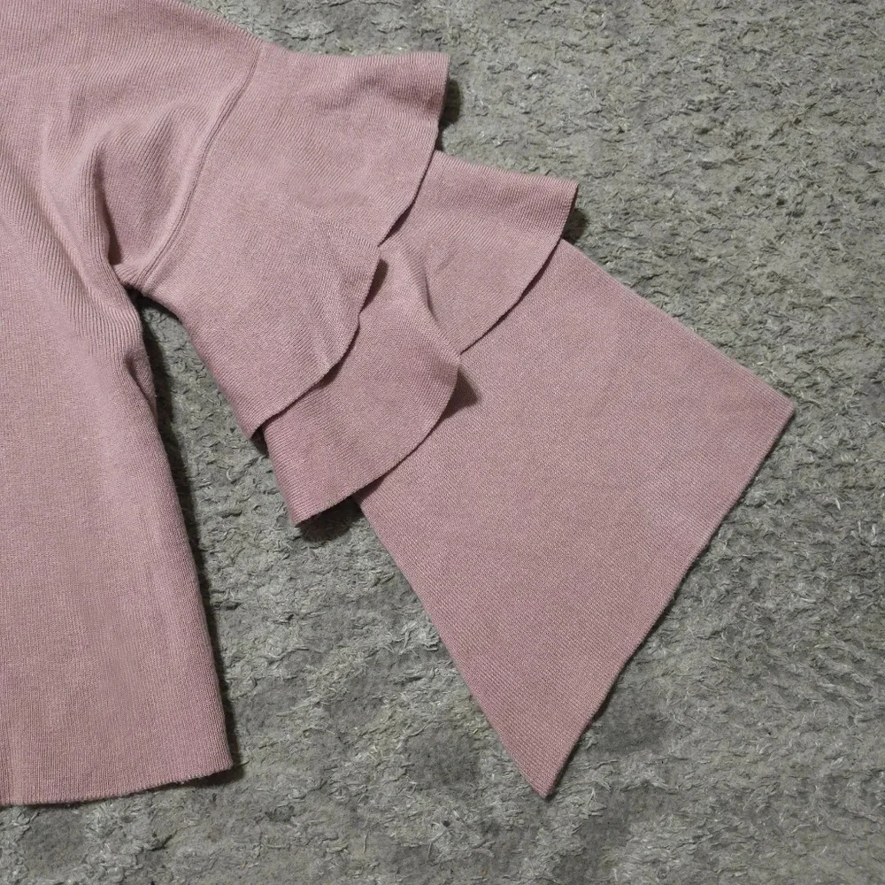 ✨️4/$20 POOF! Dusty Mauve Cropped Knit Crewneck Sweater Long Tiered Bell Sleeves - Picture 10 of 14